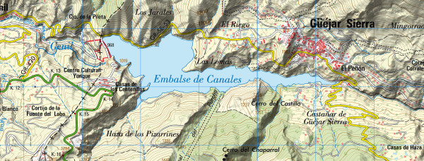 Población de Güéjar Sierra y Embalse de Canales en un mapa topográfico
