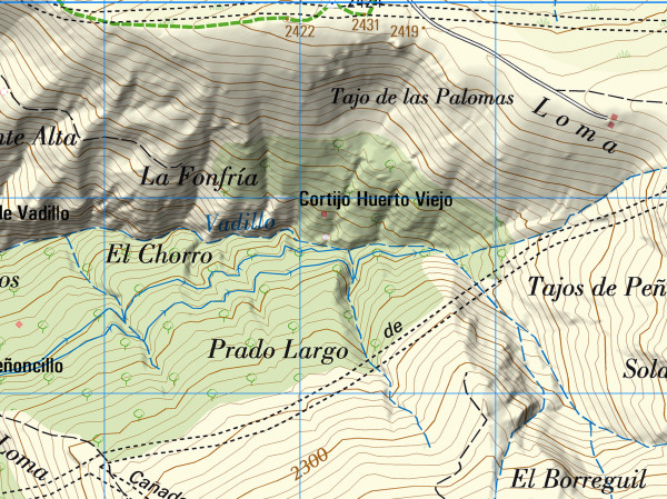 Zona de vegetación en Prado Largo en un mapa topográfico