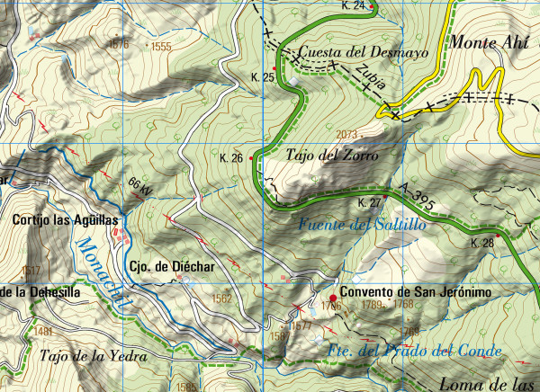 Ríos, vías de comunicación y límites adminsitrativos en un mapa topográfico