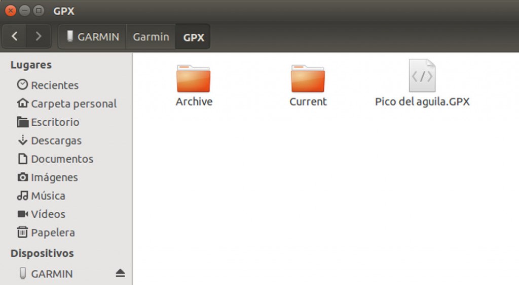Contenido de la tarjeta de memoria del GPS Garmin en la carpeta GPX