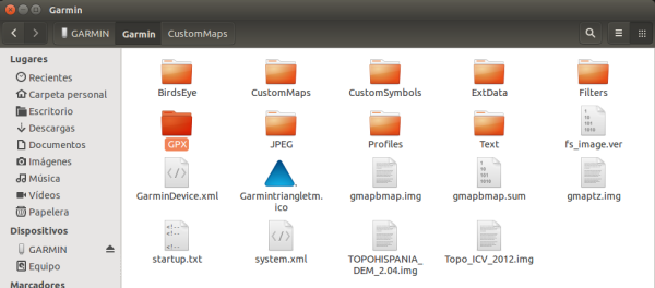 Carpeta de archivos en la memoria del GPS Garmin