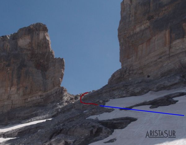 En azul la llegada por el glaciar, en rojo la trepada final