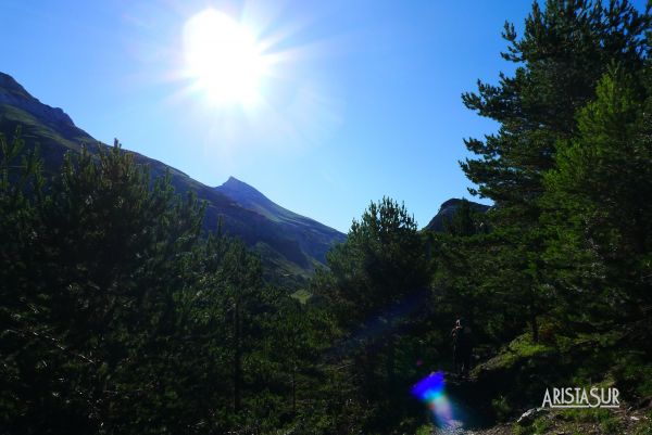 Sendero por el bosque y al fondo pico Bisaurín