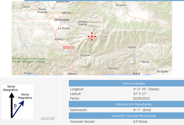 Declinación magnética en la cumbre Veleta de Sierra Nevada en la web del IGN