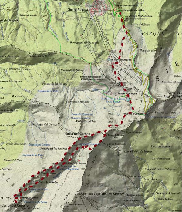 Mapa topográfico de la subida al Cerro del Caballo desde la Hoya de la Mora