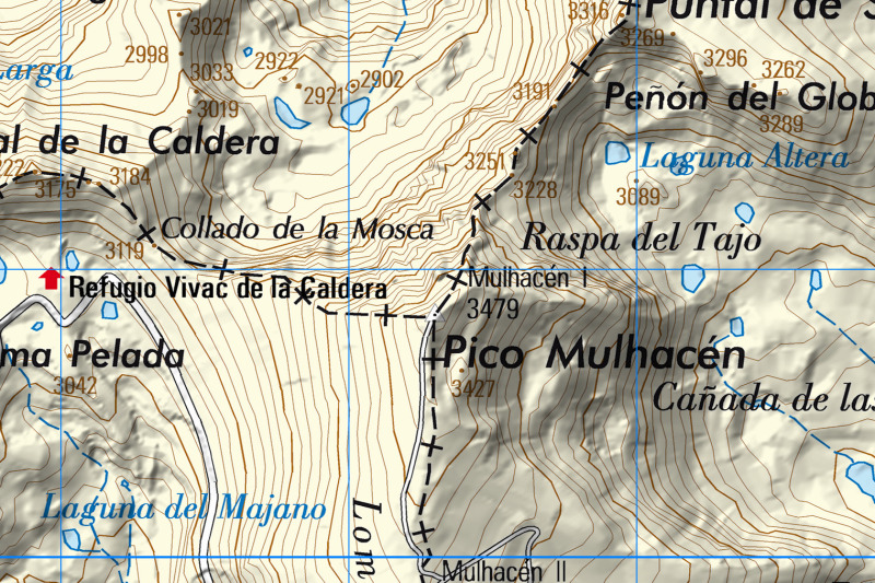Refugio de la Caldera en un mapa topográfico