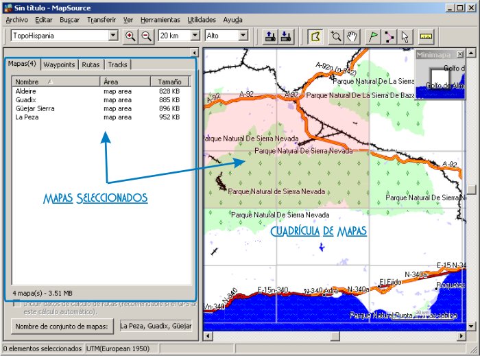 Mapas seleccionados en MapSource