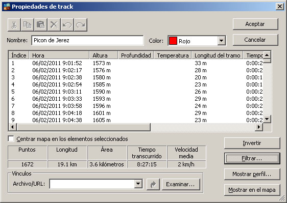 Propiedades de un track en MapSource