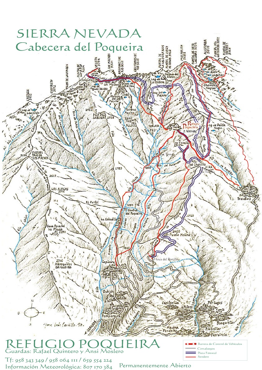 Plano de rutas de acceso al refugio Poqueira (Sierra Nevada)