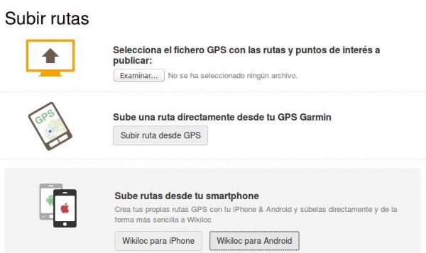 Seleccionar fichero, GPS o smartphone en Wikiloc